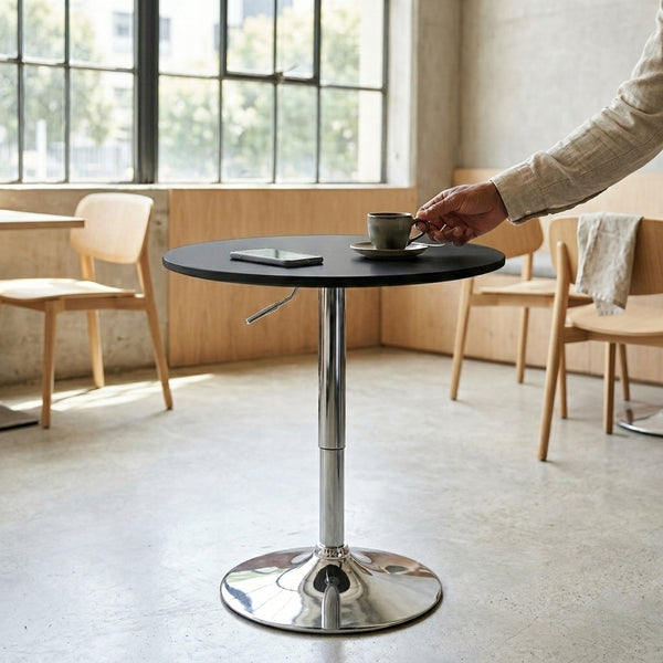 Adjustable Height Bar Table with Metal Round Top in modern dining space with coffee and chairs