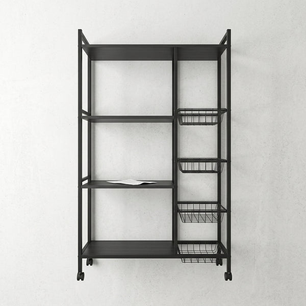 Brushed & Polished 304 Stainless Steel Storage Cabinet with open shelves and wire baskets for versatile storage solutions.