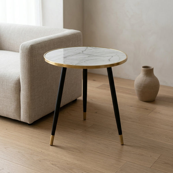 Coffee Table MDF Covered with White Finish: Elegant coffee table with a marble top and gold accents, placed beside a modern sofa.