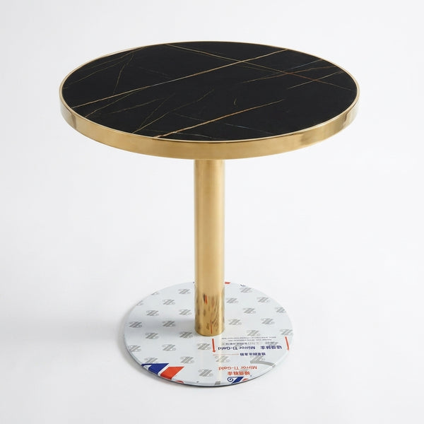 Round Black Marble Effect Dining Table with Gold Pedestal Base featuring a sleek design and luxurious finish.