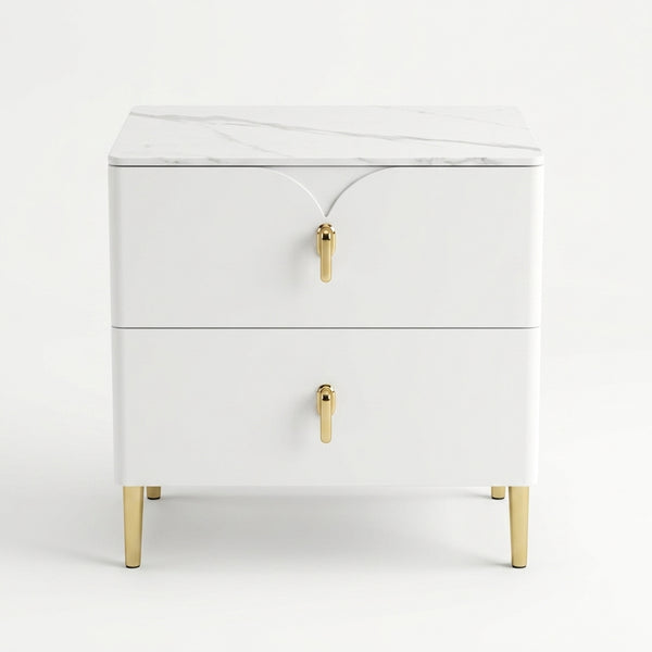 Modern Bedside Table with 2 Drawers featuring a sleek design and gold accents.