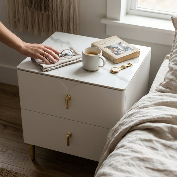 Modern Bedside Table with 2 Drawers beside a bed, featuring a cup of coffee and a book on top.