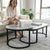 A woman sitting on a sofa, enjoying coffee at the Oval Shelf Coffee Table with Storage in a cozy living room.