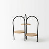 3 Tier Round Side Table with Arched Black Metal Frame featuring three circular wood surfaces in a unique design.