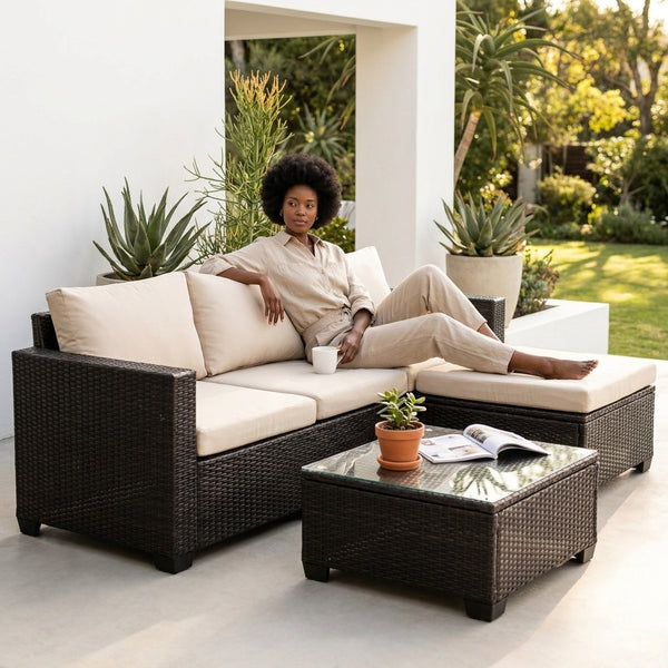 4 Piece Modular PE Rattan Outdoor Sectional Sofa with Coffee Table in a stylish outdoor setting.
