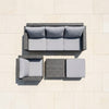 4 Piece PE Wicker Outdoor Patio Furniture in Grey, featuring a sofa, armchair, ottoman, and coffee table.