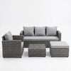 4 Piece PE Wicker Outdoor Patio Furniture in Grey with sofa, armchair, ottoman, and coffee table.