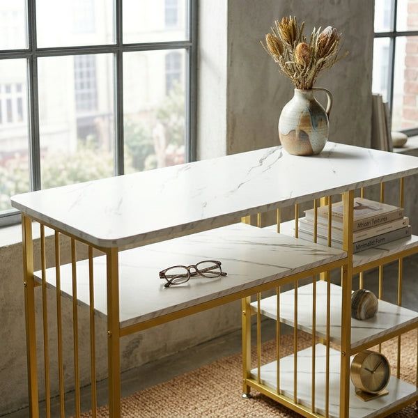 Modern Customized Nail Bar Station with a sleek marble top and elegant gold frame, designed for salon efficiency and style.