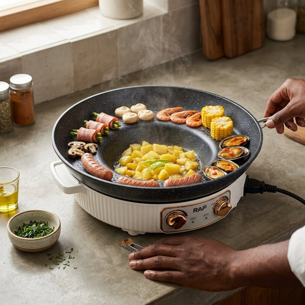 Uniform Heat Electrical Hot Pot and BBQ Grill Pan with grilled vegetables and seafood.
