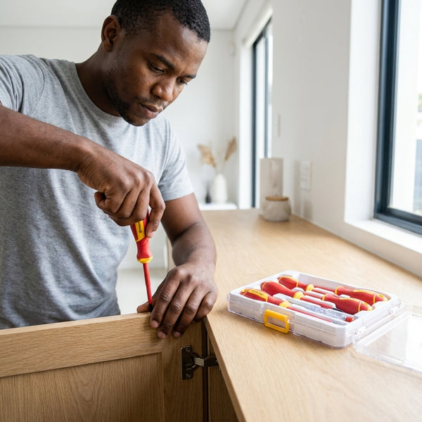 Man using a screwdriver from the 6-Piece Insulated Screwdriver Set with Voltage Tester on a wooden cabinet.