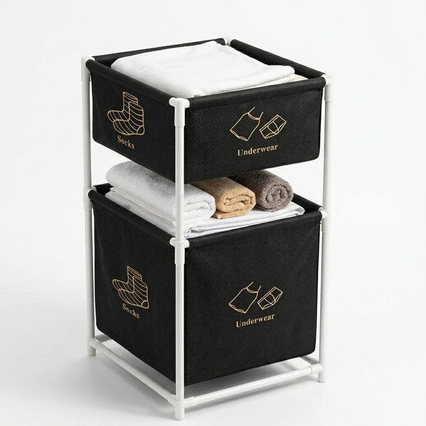 Double Layer Storage Rack with Metal Laundry Basket