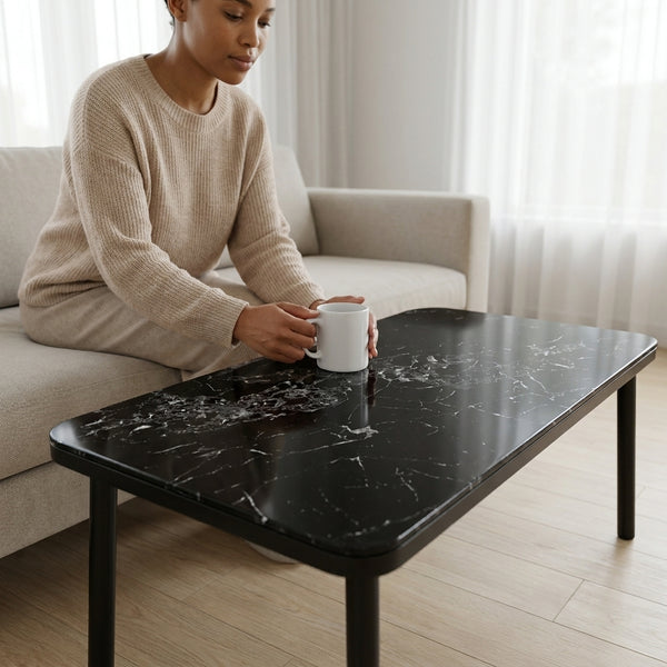 Marble-Effect Coffee Table with Round Metal Legs