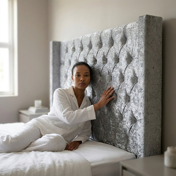 Button-Tufted Wingback Headboard Crushed Velvet
