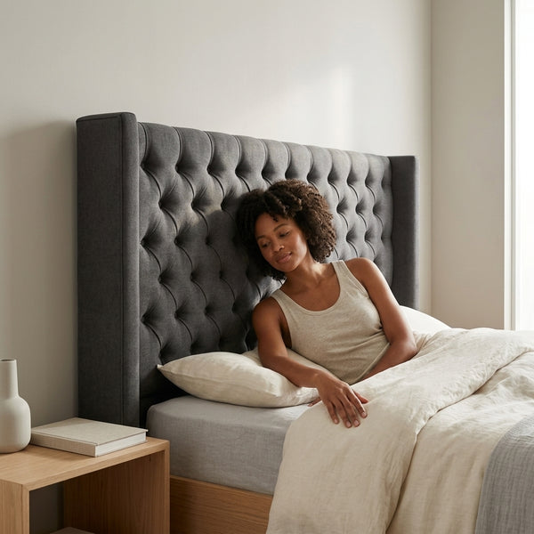 Button-Tufted Wingback Charcoal Headboard
