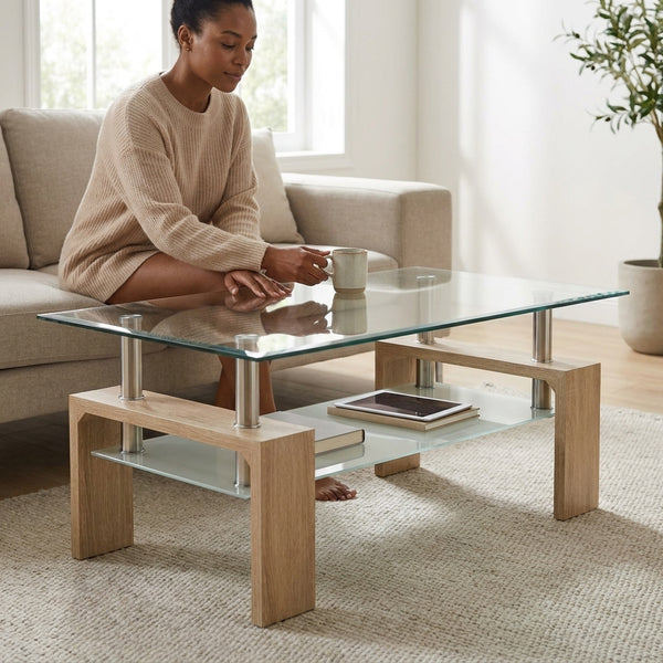 Glass Coffee Table with Wooden Accent