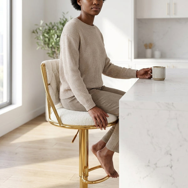 Adjustable Bar Stool with Boucle Seat and Gold Frame