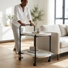 2-Tier Marble-Effect Side Table on Wheels with Black Metal Frame