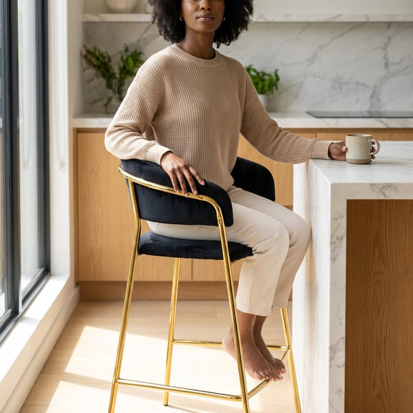 Upholstered Bar Stool with Curved Back and Metal Frame