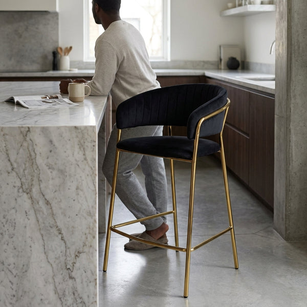 Upholstered Bar Stool with Curved Back and Metal Frame