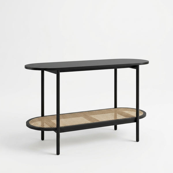Stylish Modern Console Table with Woven Storage Shelf