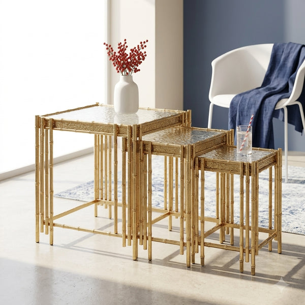 3-Piece Nesting Side Table Set with Decorative Metal Frame