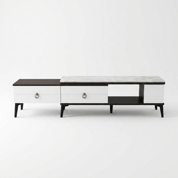 Stylish Modern Marble-Top TV Stand with Ample Storage featuring drawers and open shelving.