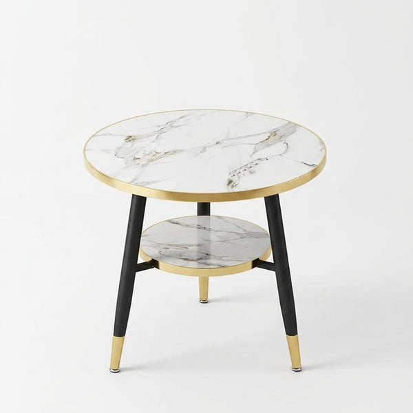 Round Marble Effect Side Table with Gold Trim and Lower Shelf