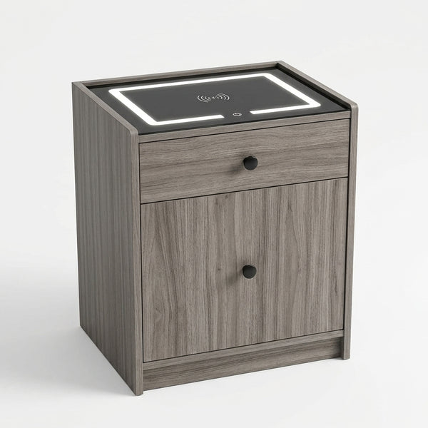Wireless Charging Bedside Table with LED Light & Storage