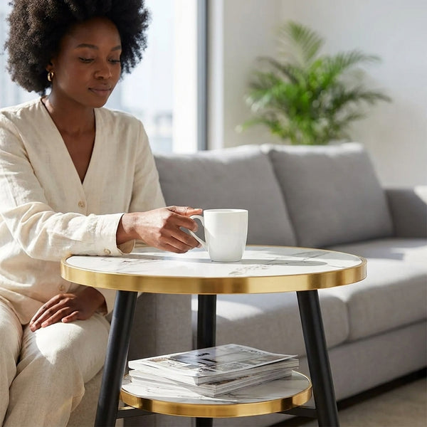 Round Marble Effect Side Table with Gold Trim and Lower Shelf