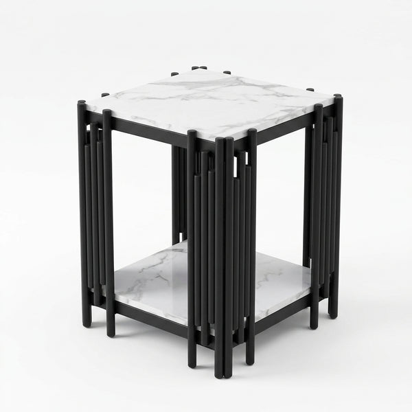 Marble End Table with 2-Tier Open Storage Shelves