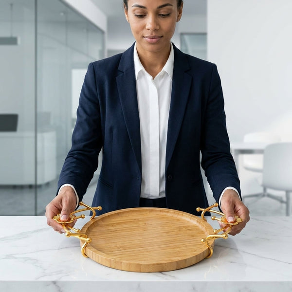 Round Bamboo Serving Tray with Gold Handles