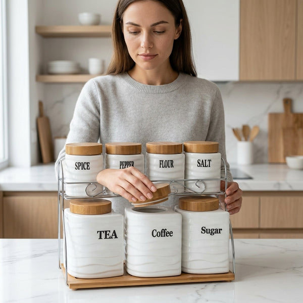 Set of 7 Canisters with Bamboo Base