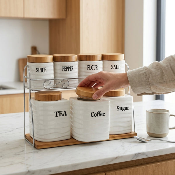 Set of 7 Canisters with Bamboo Base