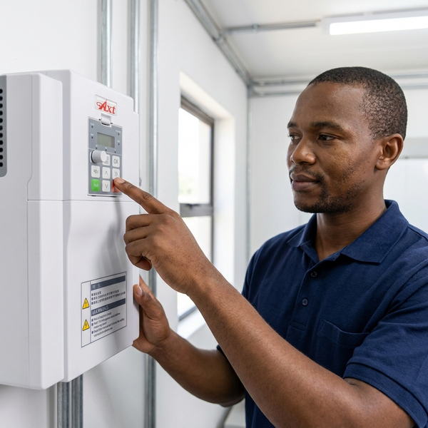 Person operating the 7.5kW Three-Phase Solar Pump Inverter in a controlled environment.