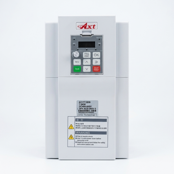 7.5kW Three-Phase Solar Pump Inverter front view with control panel and safety warnings