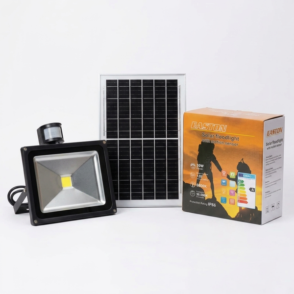 30W Solar Floodlight with Motion Sensor, solar panel, and packaging for outdoor lighting solutions.