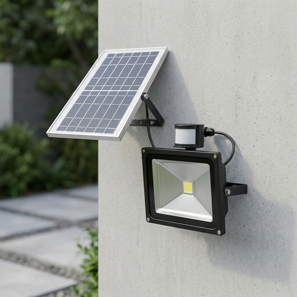 30W Solar Floodlight with Motion Sensor mounted next to solar panel on a wall for outdoor lighting.