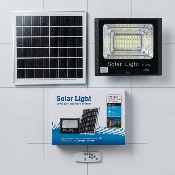 100W Solar Floodlight with solar panel and remote control packaging for outdoor lighting solutions.