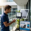 A person using a remote to operate a 100W Solar Floodlight with a solar panel on a balcony.