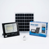 100W Solar Floodlight with solar panel, remote control, and product packaging for outdoor lighting solution.