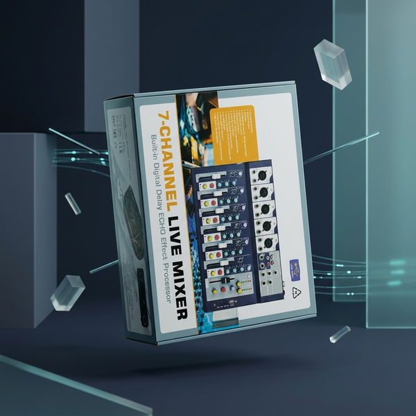 7-Channel USB Live Sound Mixer product packaging showcasing channels and controls for audio mixing.