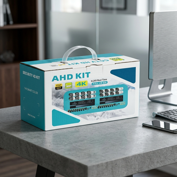 8-Channel AHD CCTV Camera Security Kit in a box on a table next to a computer, showcasing security camera features.