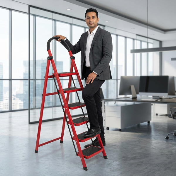 Man using a 6-Step Household Folding Ladder in a modern office setting, showcasing its stability and design. 7-Step Household Folding Ladder