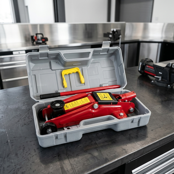 2-Ton Manual Hydraulic Car Jack in storage case showing compact design for easy transport and vehicle maintenance.
