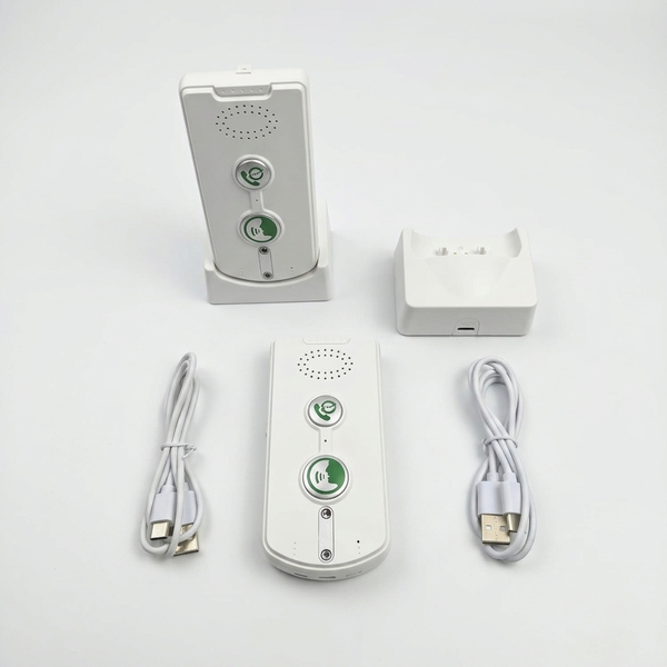 Wireless Call Button Pager Set with Charging Docks including handheld units and USB cables.