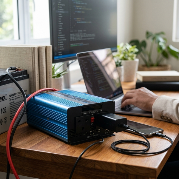 12V 1200W Pure Sine Wave Inverter connected to a laptop and battery on a workspace.