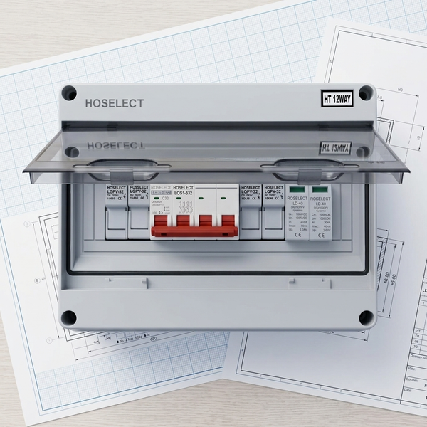 12-Way Electrical Distribution Box with open cover and circuit breakers on blueprint background
