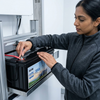 Woman connecting a cable to a 12.8V 200Ah LiFePO4 Lithium Battery in a modern setup.