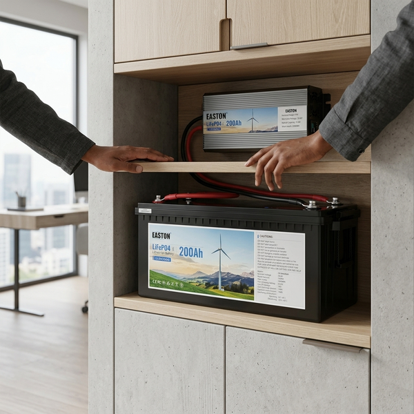12.8V 200Ah LiFePO4 Lithium Battery displayed in a modern cabinet with a serene office background.