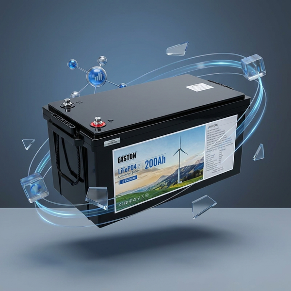 12.8V 200Ah LiFePO4 Lithium Battery showcased with graphic elements highlighting its features and energy capacity.